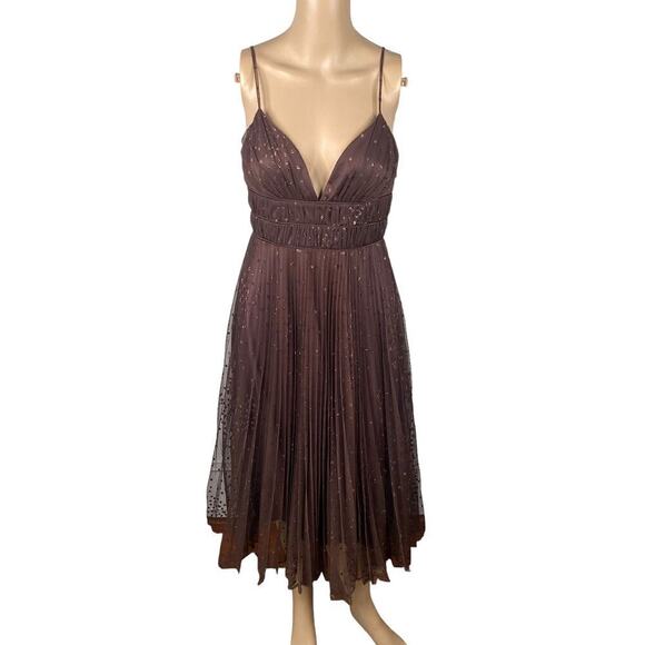 Betsey Johnson Y2K Brown Mesh Pleated Glitter Sparkle Midi Dress SZ 4 - Picture 1 of 7